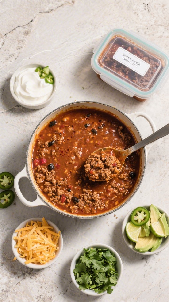 Tasty top-down meal-prep/serving scene: Overhead shot of a finished pot of keto ground beef chili se