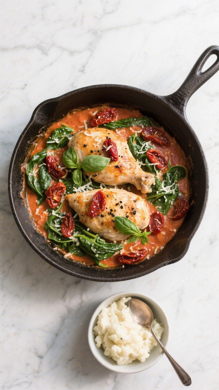 Tasty top-down serving moment: Overhead shot of the finished one-pan dish in the skillet, chicken ne