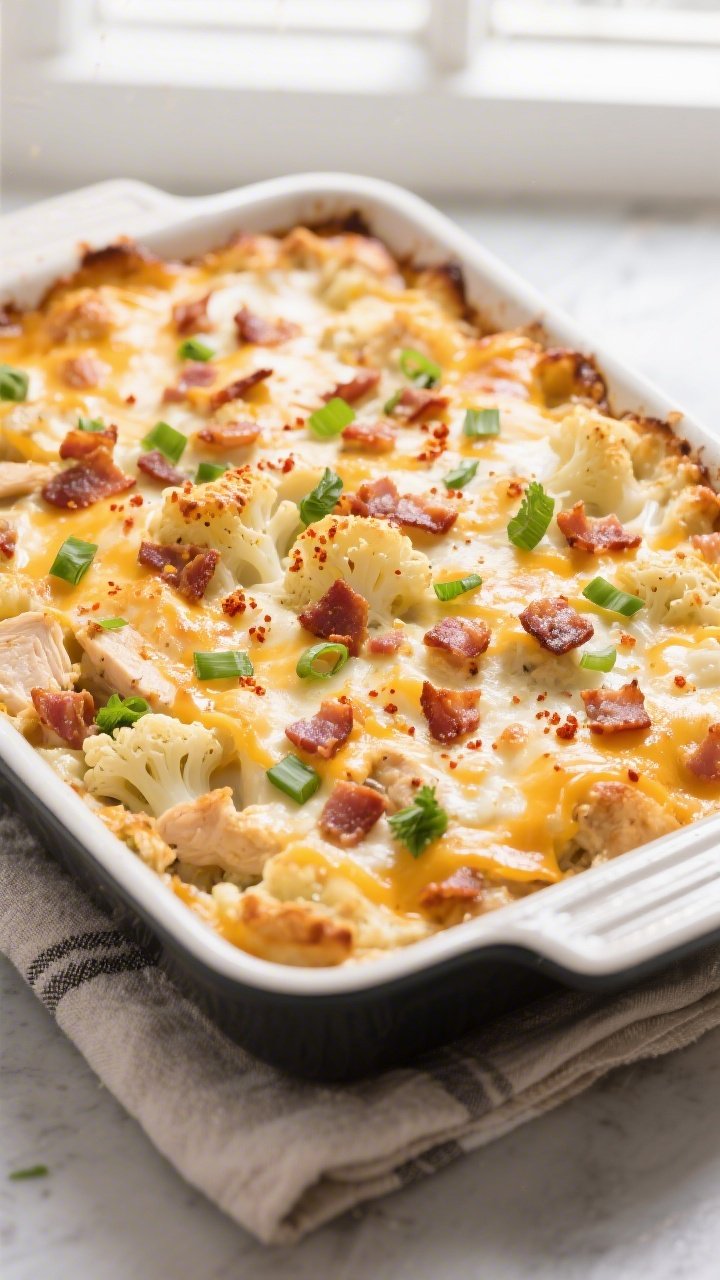Tasty top view — bubbly bake: Overhead shot of the just-baked Loaded Cauliflower Chicken Casserole