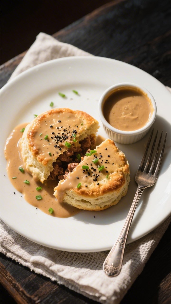 Tasty top view final dish: Overhead shot of split keto biscuits on a matte white plate, generously s