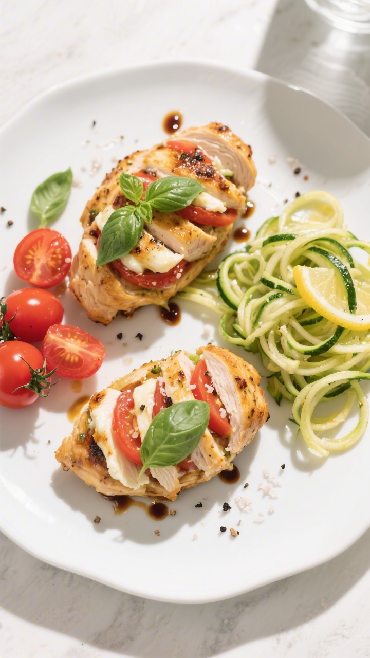 Tasty top view final plate: Overhead shot of two plated Keto Caprese Stuffed Chicken portions on a m