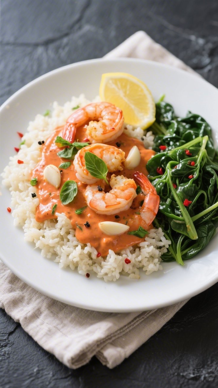 Tasty top view — Final plated dish over keto sides: Overhead shot of Keto Creamy Tomato Garlic Shr
