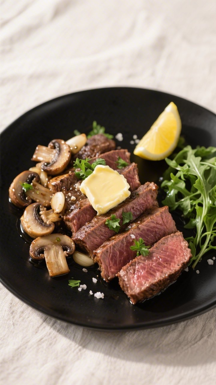 Tasty top view: Final plated Keto Garlic Butter Steak with Mushrooms—neatly fanned slices of New Y