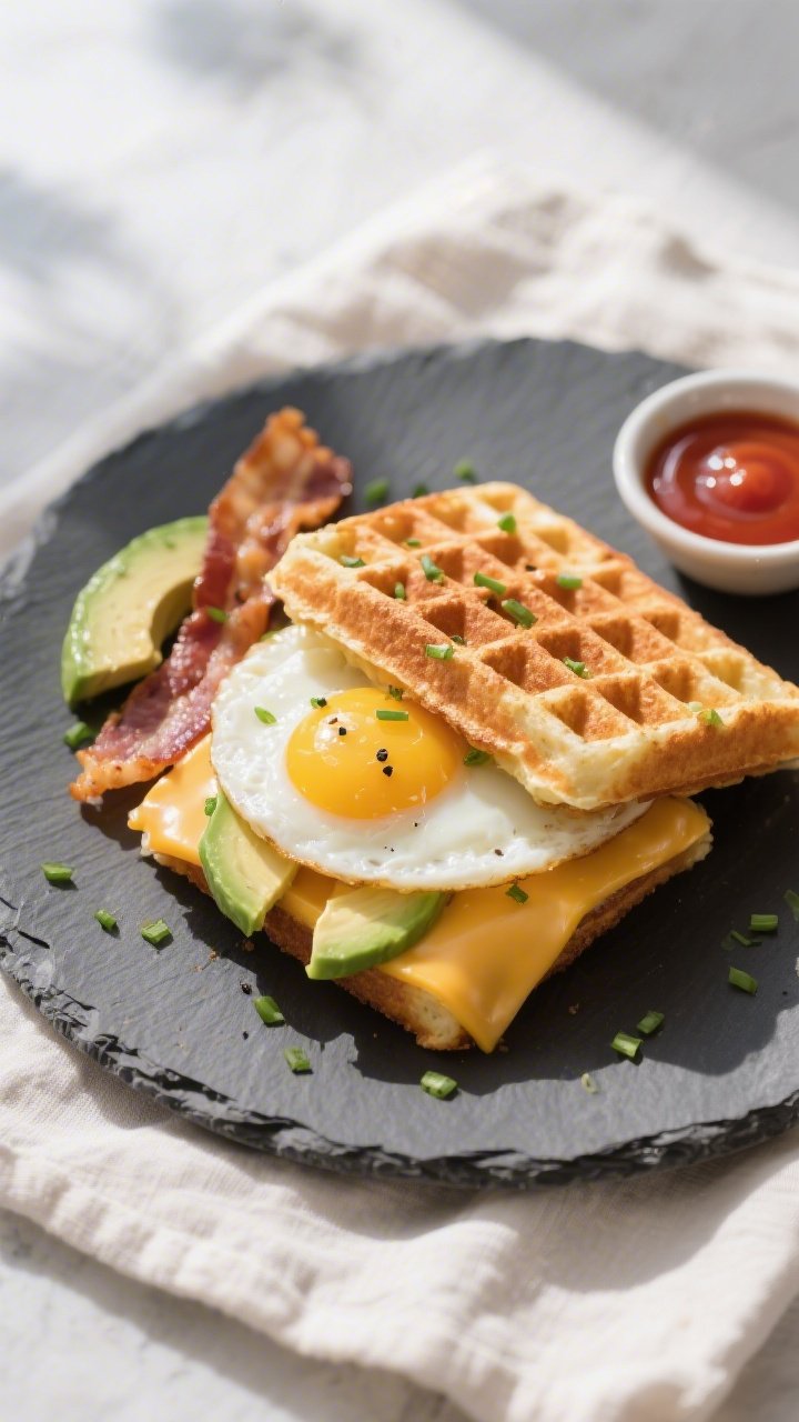 Tasty top view, final presentation: Overhead shot of the assembled Egg & Cheese Chaffle Sandwich on 