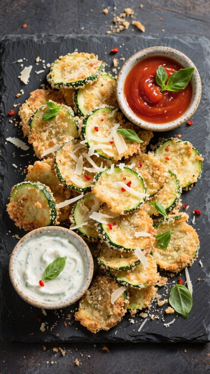 Tasty top view final presentation: Overhead shot of a dark slate platter piled with Keto Zucchini Pa