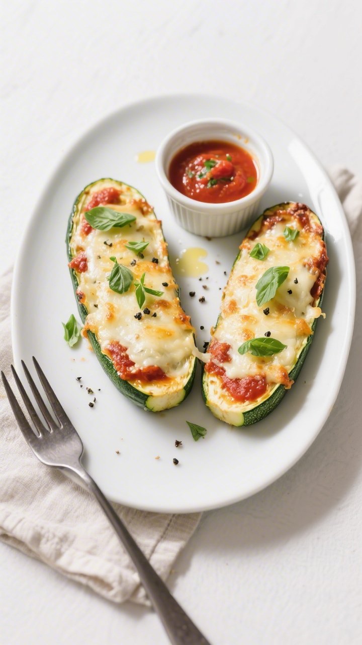 Tasty top view final presentation: Overhead shot of two finished zucchini boats on a white oval plat