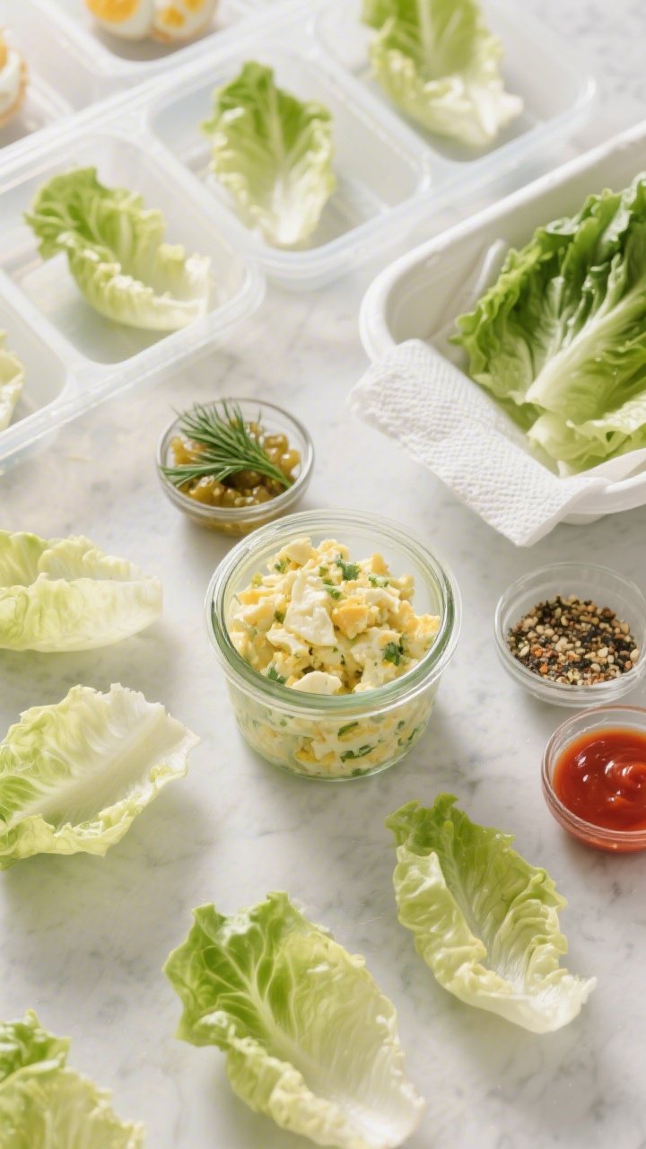 Tasty top view for meal prep: Overhead shot of a meal-prep spread—egg salad portioned in a small g