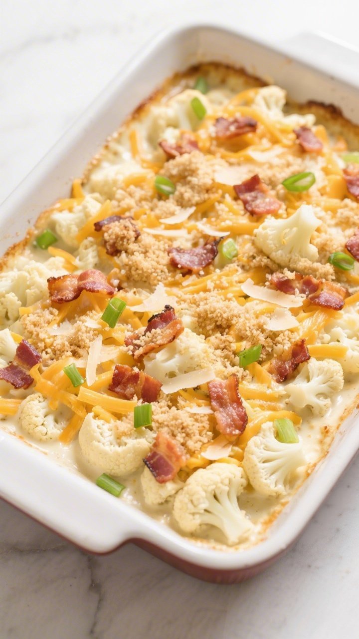 Tasty top view, in-pan before baking: Overhead shot of the assembled Cheddar Bacon Cauliflower Casse