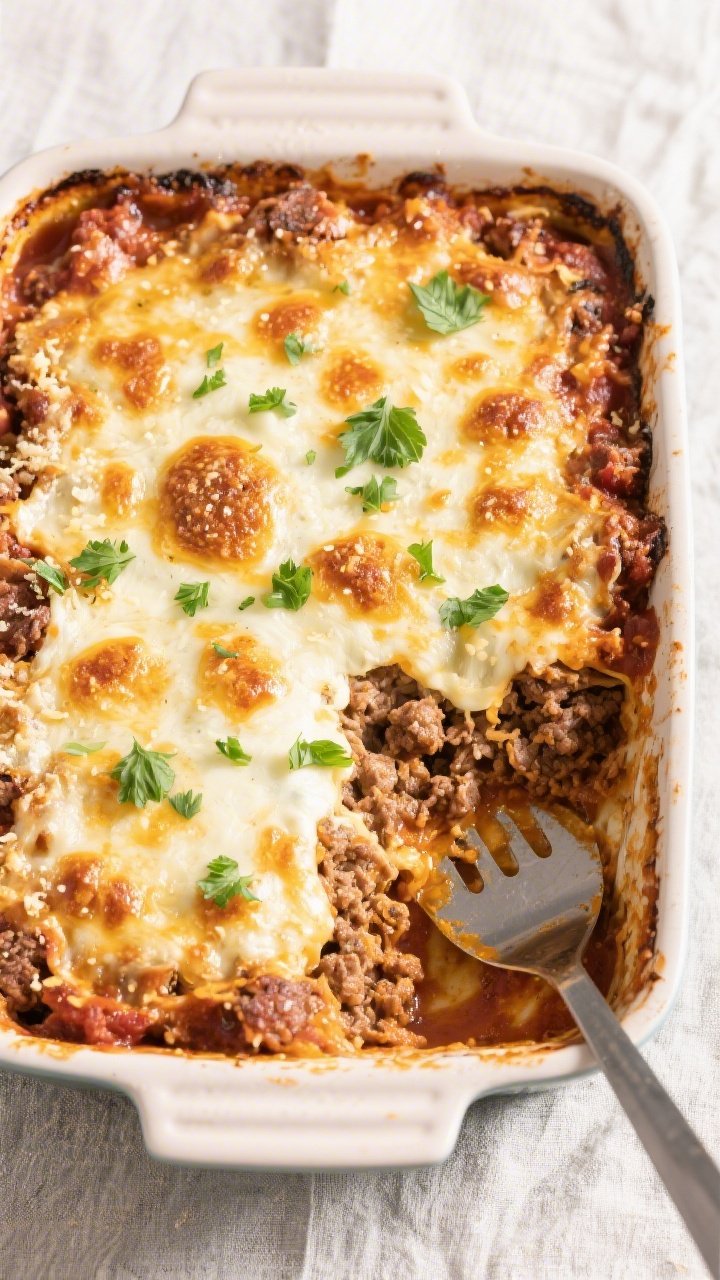 Tasty top view, in-pan: Overhead shot of the Keto Ground Beef Parmesan Bake fresh from the oven in a