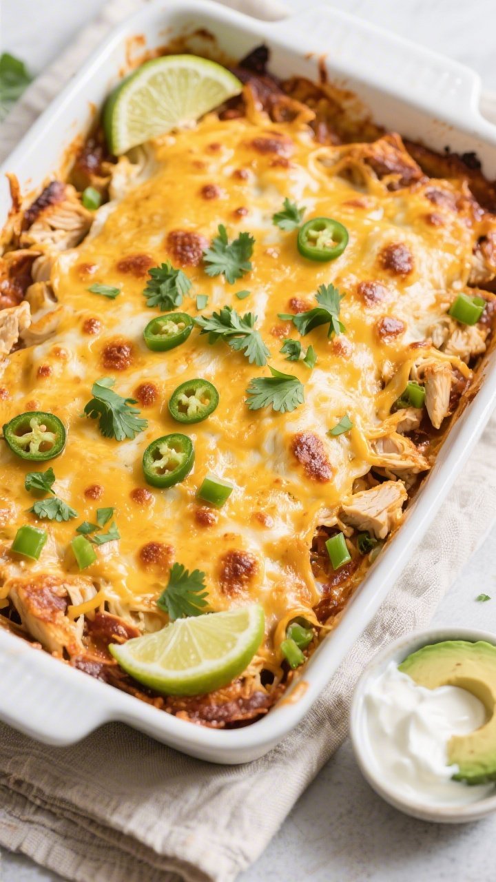 Tasty top view, oven-fresh: Overhead shot of the baked Keto Cheesy Chicken Enchilada Bake just out o