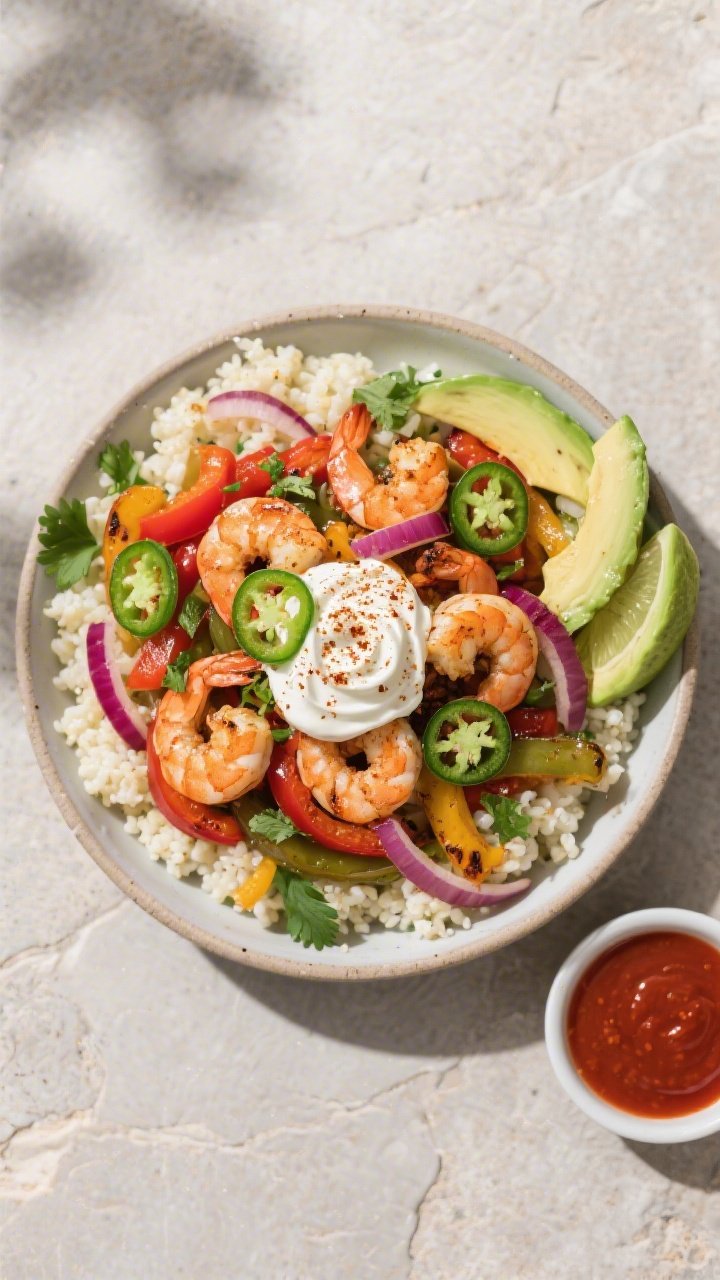 Tasty top view: Overhead fajita bowl composition on a neutral stone surface—cauliflower rice base