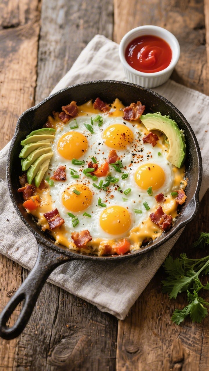 Tasty top view, overhead final cook: Overhead shot of the completed keto breakfast skillet with four