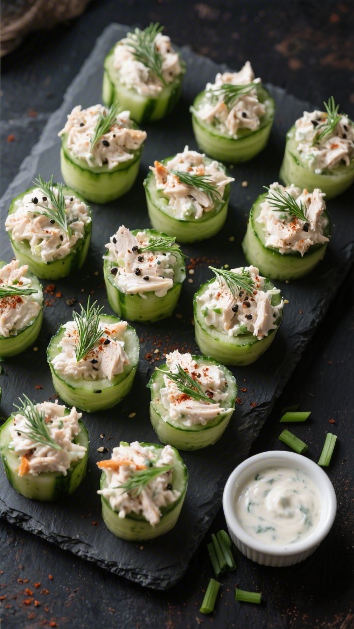 Tasty top-view overhead: Fully assembled Keto Ranch Chicken Salad Cucumber Cups arranged in a tight 