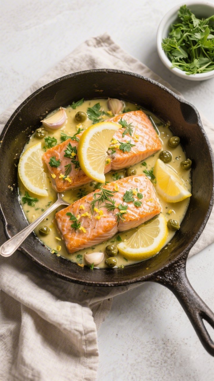 Tasty top view, overhead: Keto lemon garlic salmon nestled back into the skillet of glossy lemon-but