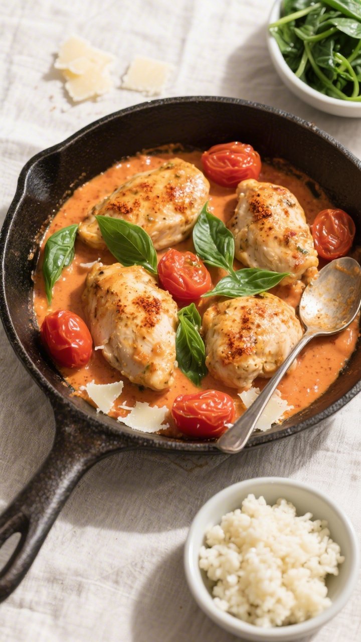 Tasty top view (overhead): Overhead shot of a cast-iron skillet filled with finished creamy tomato b