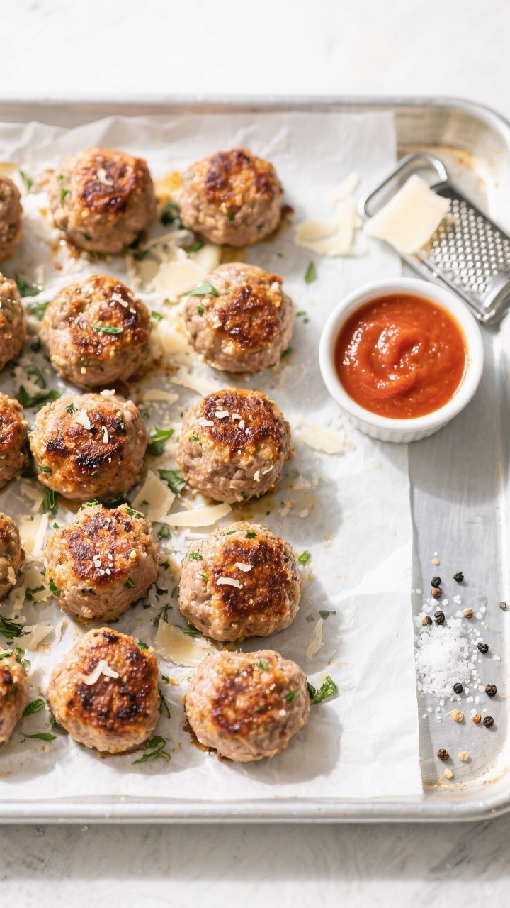 Tasty top view (overhead): Overhead shot of a sheet pan of freshly baked meatballs lined with parchm