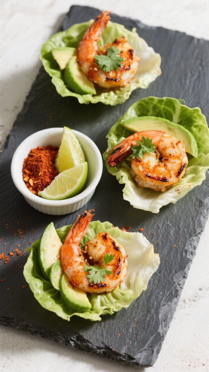 Tasty top view (overhead): Overhead shot of chili-lime shrimp tucked into crisp butter lettuce cups,