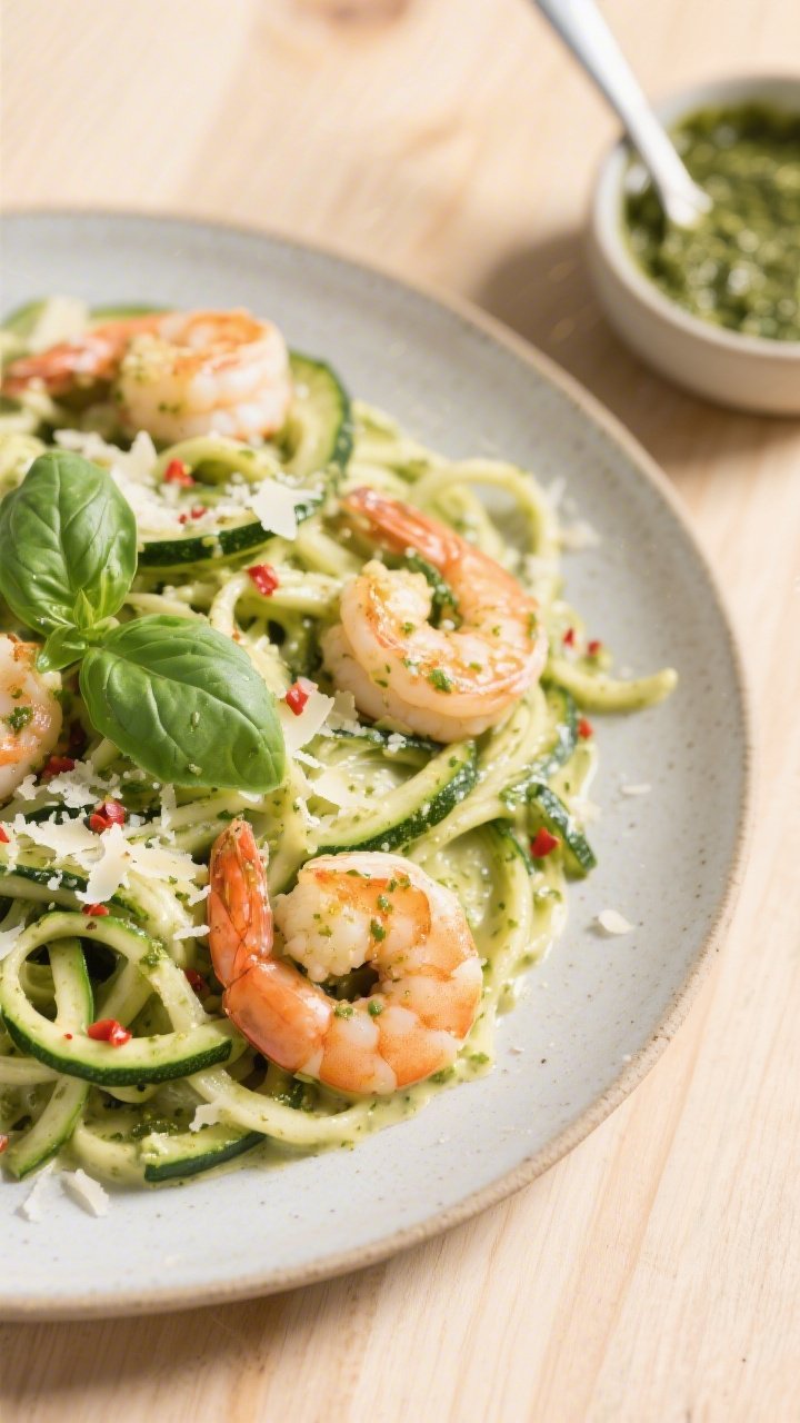 Tasty top view, overhead: Overhead shot of creamy pesto shrimp twirled over zucchini noodles, sauce 