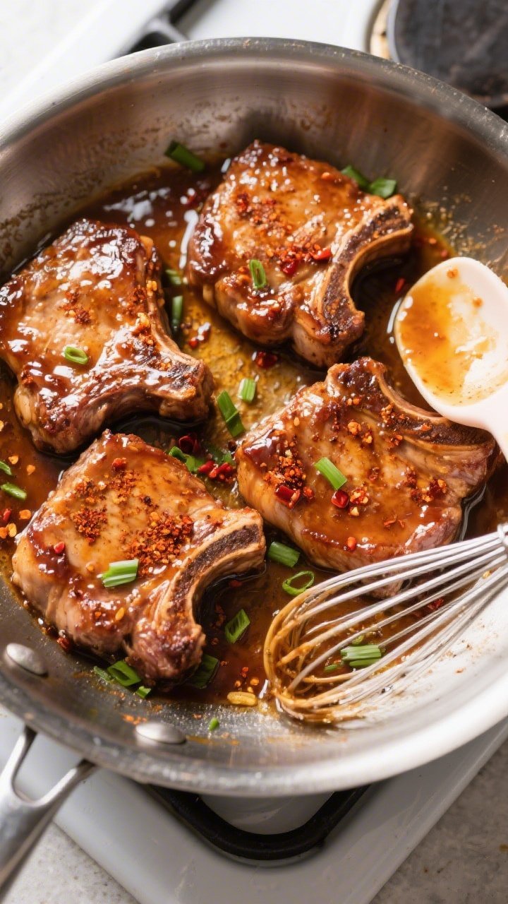 Tasty top view (overhead): Overhead shot of four glazed pork chops in a stainless skillet post-reduc