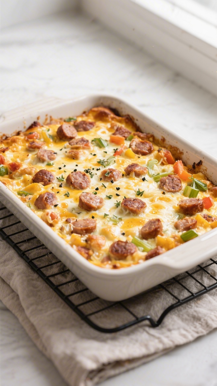 Tasty top view (overhead): Overhead shot of the assembled keto sausage breakfast casserole just out
