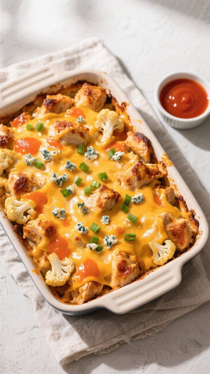 Tasty top view, overhead: Overhead shot of the assembled casserole in the baking dish mid-broil, sho