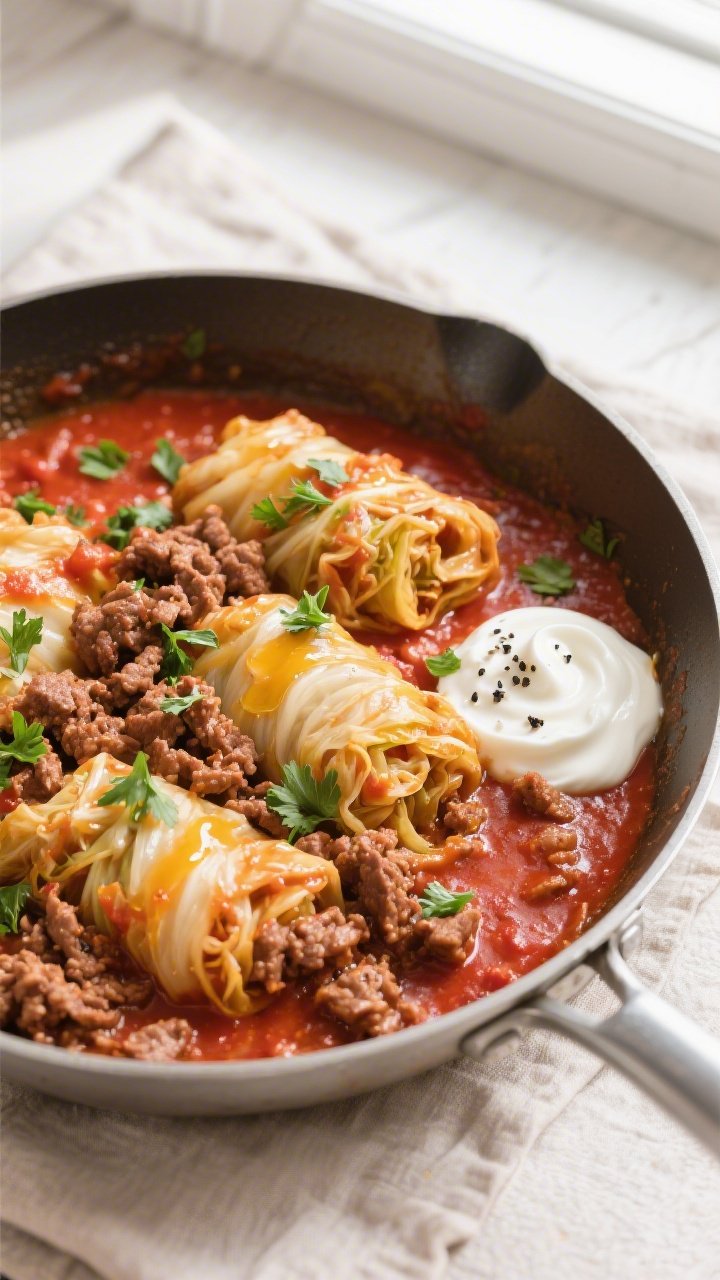 Tasty top view, overhead: Overhead shot of the finished Keto Ground Beef Cabbage Roll Skillet in a w