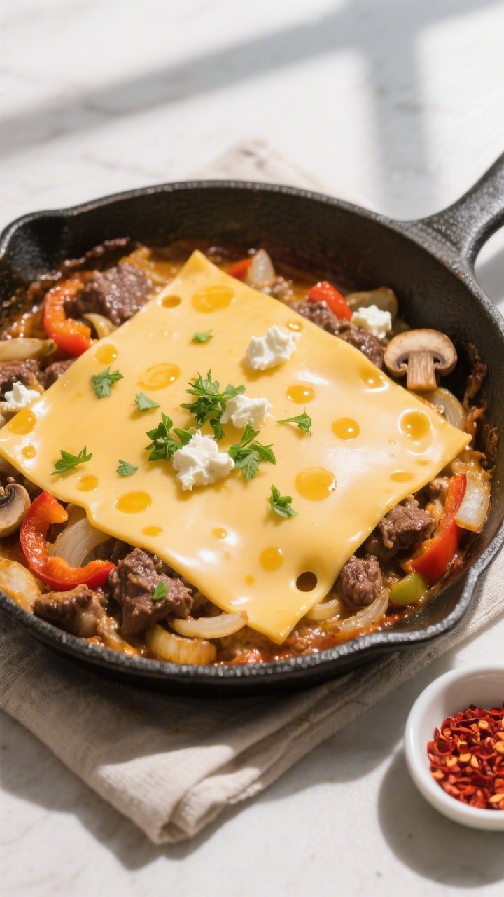 Tasty top view, overhead: Overhead shot of the finished skillet just after melting, a glossy blanket