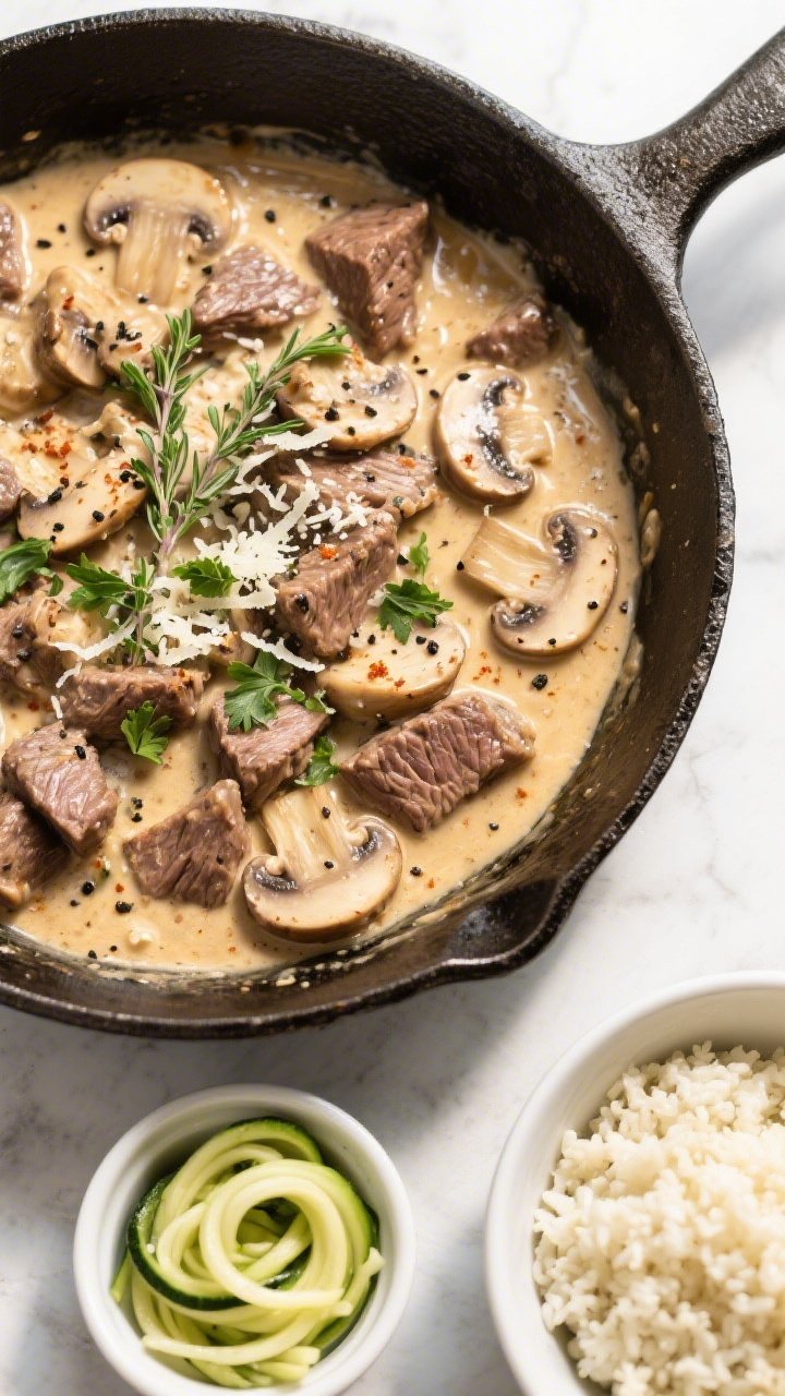 Tasty top view, overhead: Overhead shot of the finished creamy mushroom beef in the skillet, sauce g
