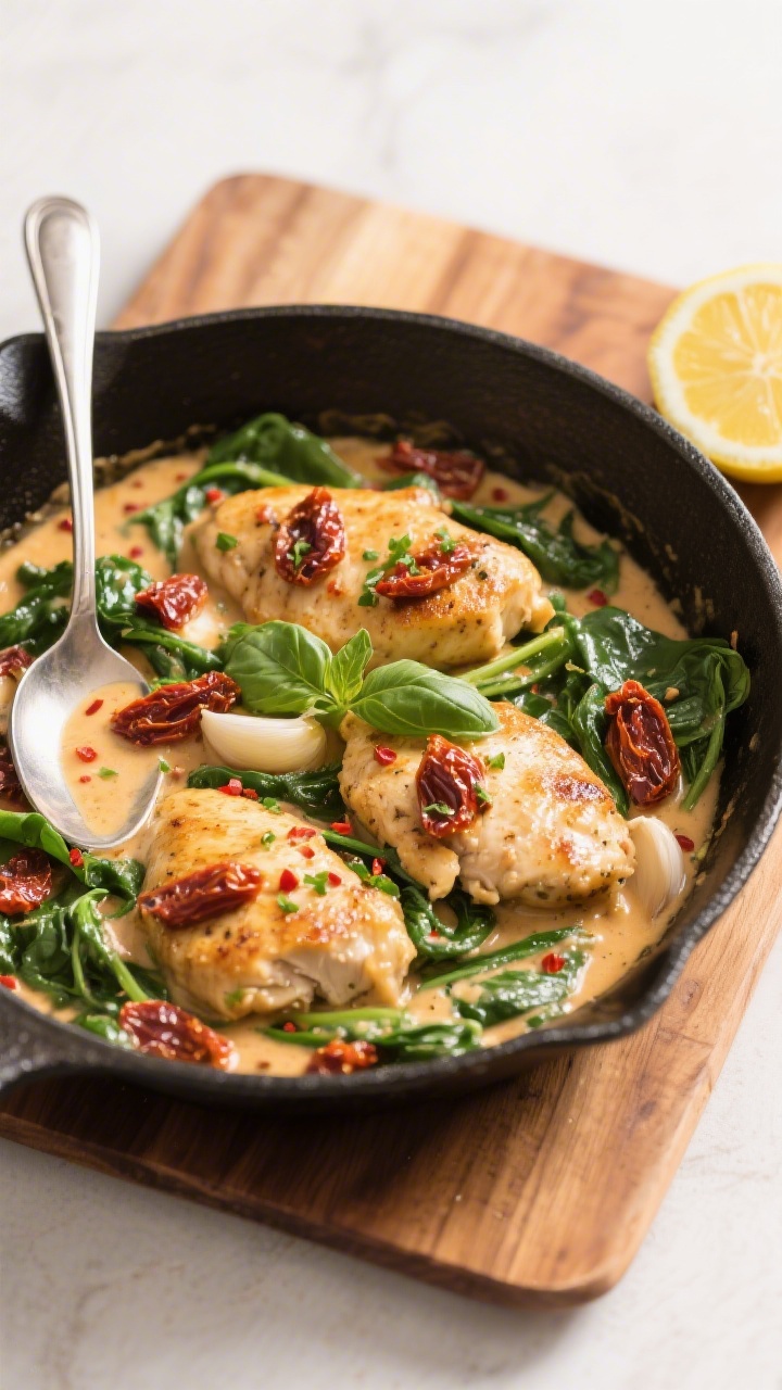 Tasty top view, overhead: Overhead shot of the full skillet of finished Tuscan garlic chicken, sauce