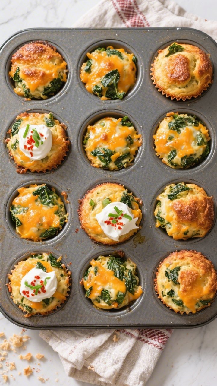 Tasty top view: Overhead shot of a 12-cup muffin tin filled with baked, evenly domed cheesy egg & sp