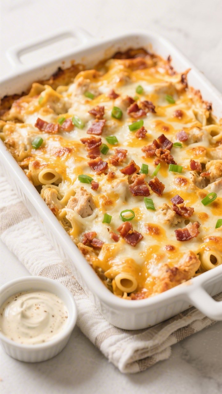 Tasty top view: Overhead shot of a 9x13 baked Cheesy Bacon Ranch Chicken Casserole, fresh from the o