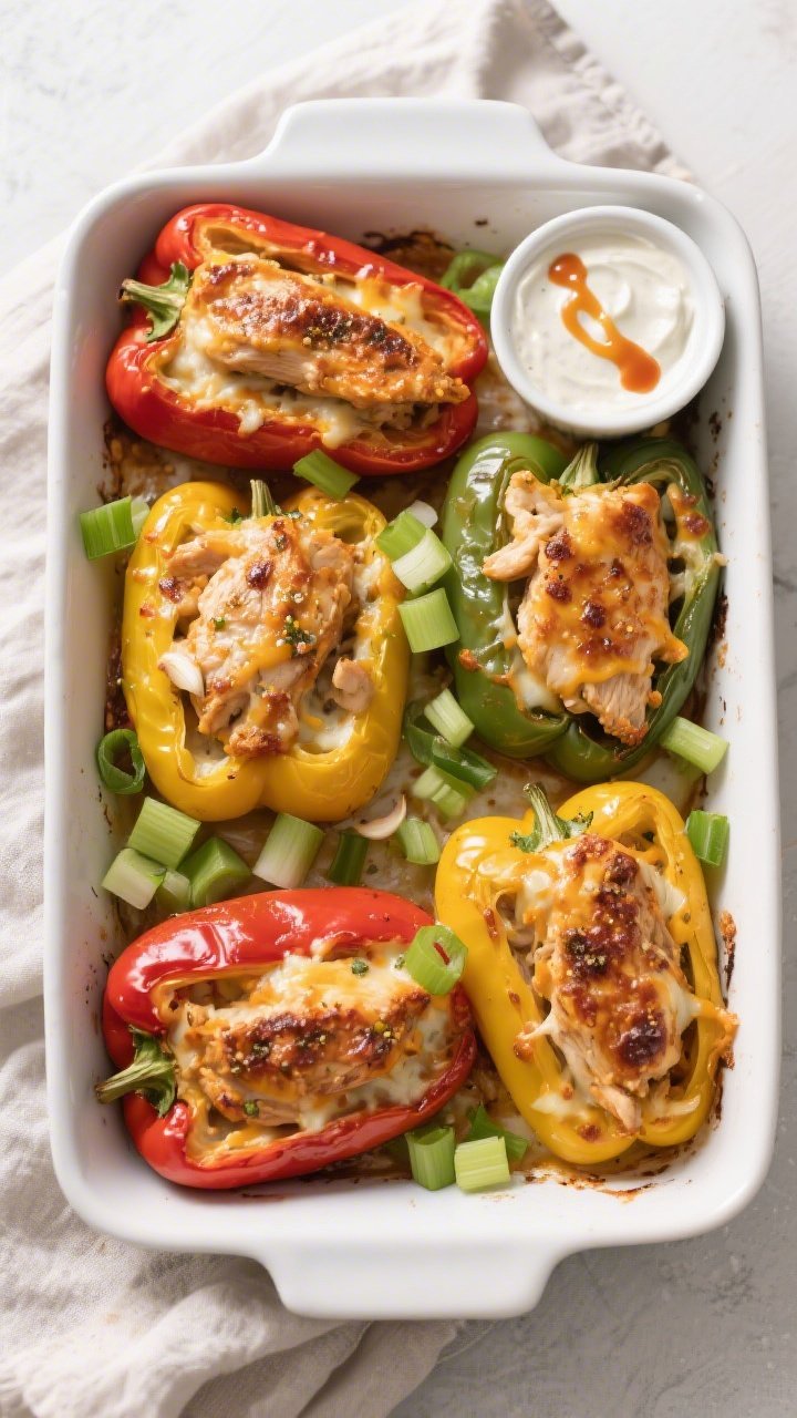 Tasty top view: Overhead shot of a 9x13 baking dish packed with roasted buffalo chicken stuffed pepp