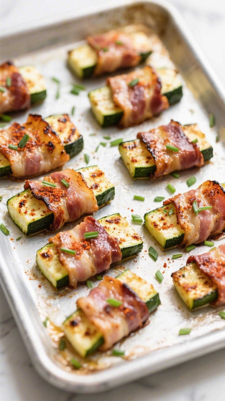 Tasty top view: Overhead shot of a baking sheet mid-process in the broil/finishing stage—bacon-wra