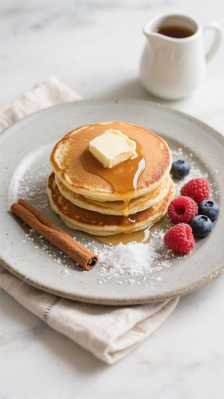 Tasty top view: Overhead shot of a beautifully plated keto pancake breakfast—three small pancakes