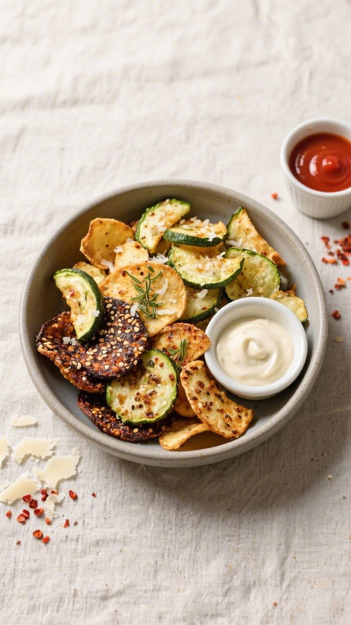 Tasty top view: Overhead shot of a bowl of assorted seasoned zucchini chips—Parmesan Herb, Smoky B