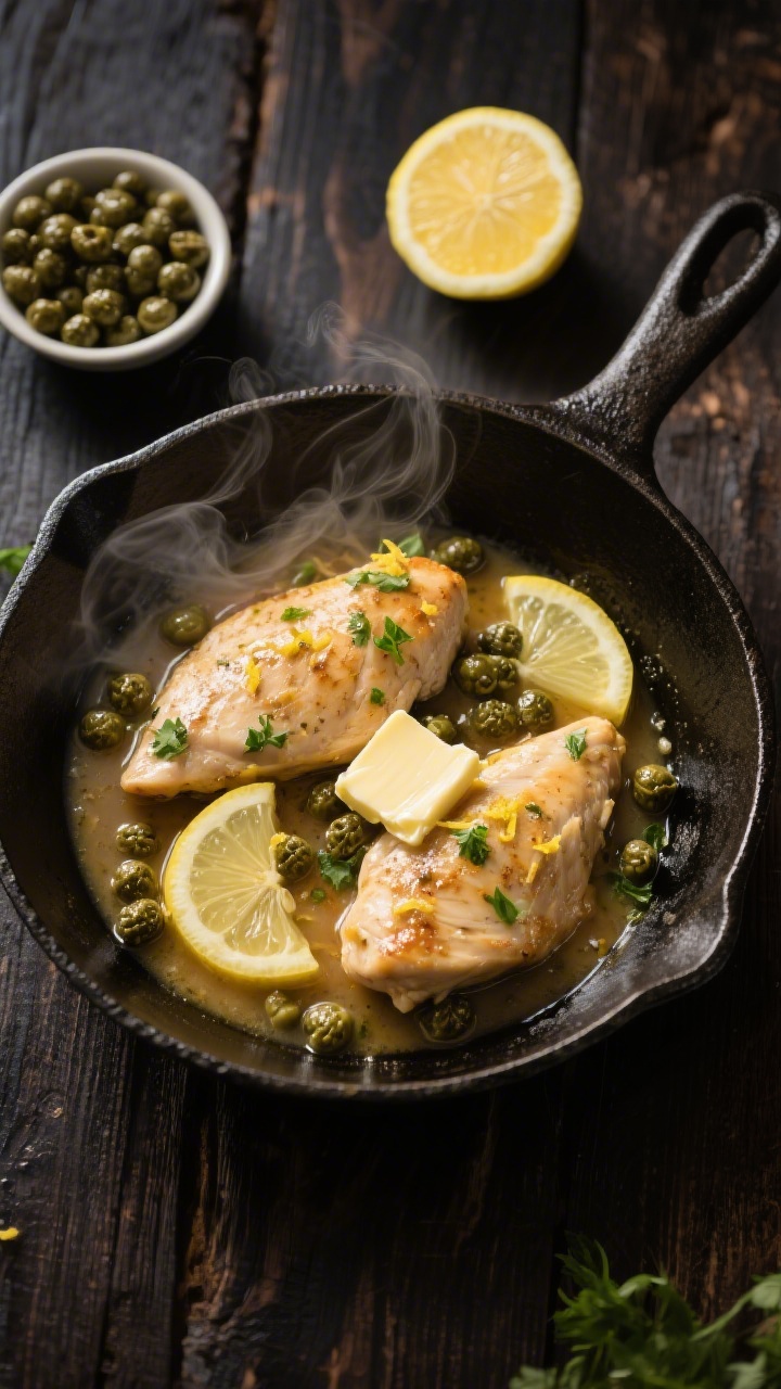 Tasty top view: Overhead shot of a cast-iron skillet just after finishing—chicken cutlets nestled 