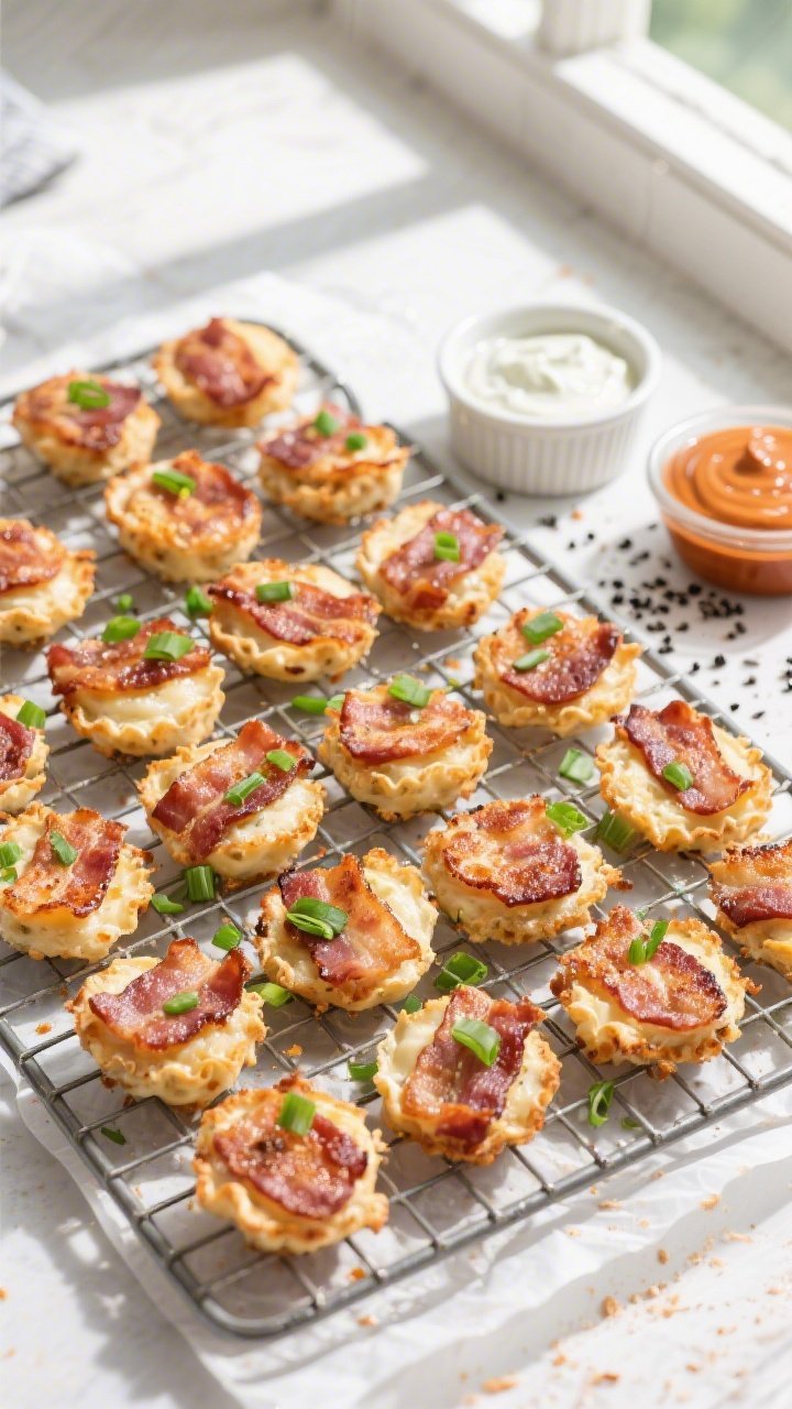 Tasty top view: Overhead shot of a cooling rack filled with finished keto bacon cheese bites arrange