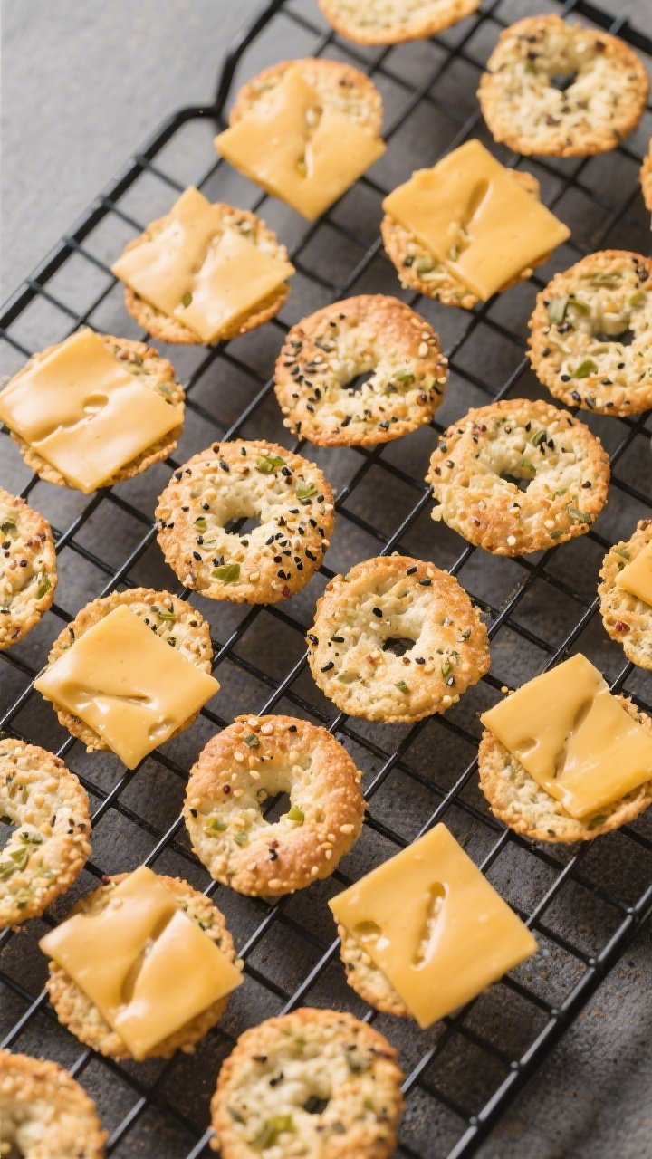 Tasty top view: Overhead shot of a cooling rack filled with evenly spaced Keto Everything Bagel Chee