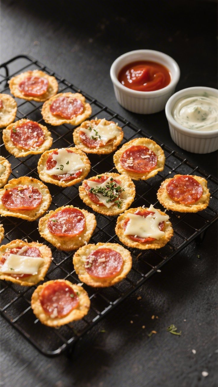 Tasty top view: Overhead shot of a cooling rack loaded with evenly spaced keto cheese-and-pepperoni 