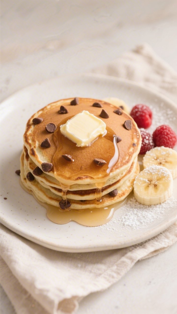 Tasty top view: Overhead shot of a cozy breakfast stack of fluffy chocolate chip pancakes on a warm