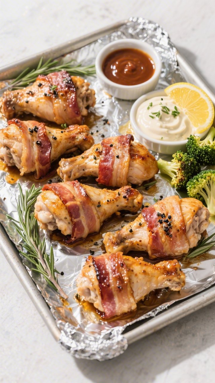 Tasty top view: Overhead shot of a family-style sheet pan of fully cooked keto bacon-wrapped chicken