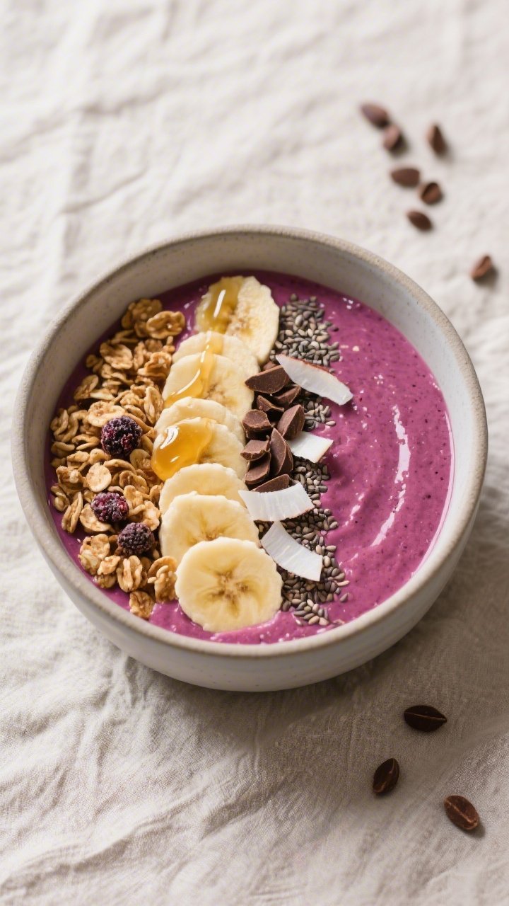 Tasty top view: Overhead shot of a finished high-protein smoothie bowl with a rich magenta-berry hue