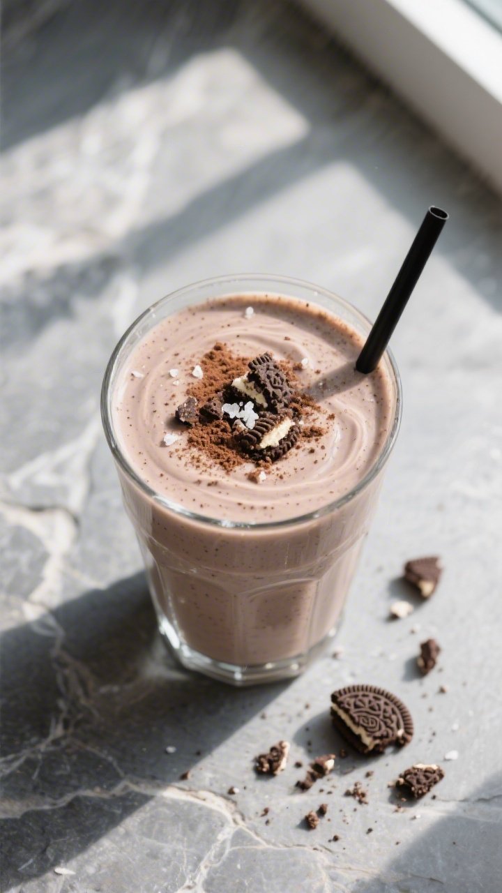 Tasty top view: Overhead shot of a freshly poured cookies & cream keto smoothie in a chilled glass, 