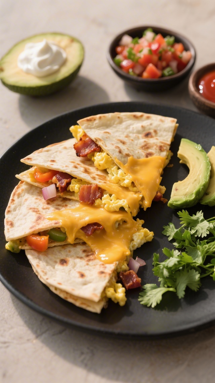 Tasty top view: Overhead shot of a freshly sliced breakfast quesadilla arranged in wedges on a matte