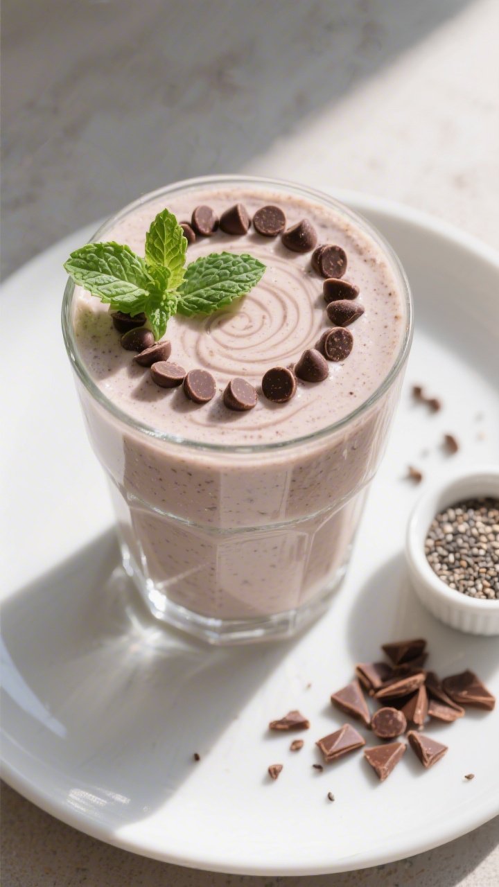 Tasty top view: Overhead shot of a frosty Mint Chocolate Chip Keto Protein Smoothie poured into a wi