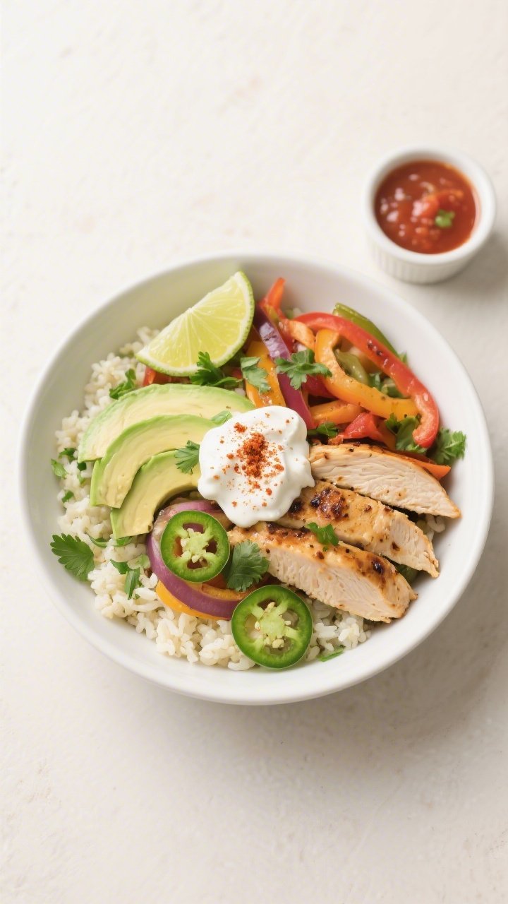 Tasty top view: Overhead shot of a fully assembled Keto Chicken Fajita Bowl on a matte white bowl—