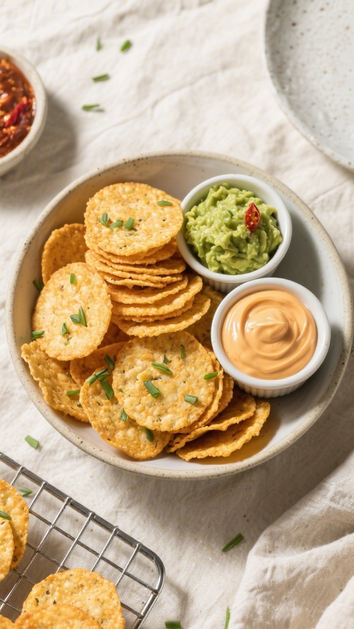 Tasty top view: Overhead shot of a generous bowl of Keto Spicy Pepper Jack Cheese Crisps served with