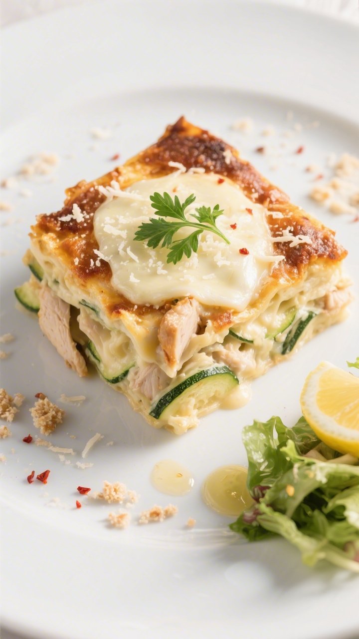 Tasty top view: Overhead shot of a neatly plated square of Chicken Alfredo Zucchini Casserole on a m