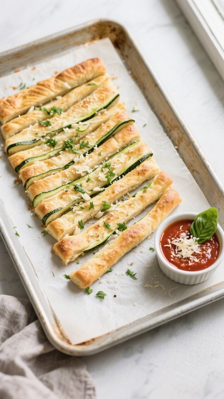 Tasty top view: Overhead shot of a neatly sliced 10x8-inch slab of zucchini garlic breadsticks on pa