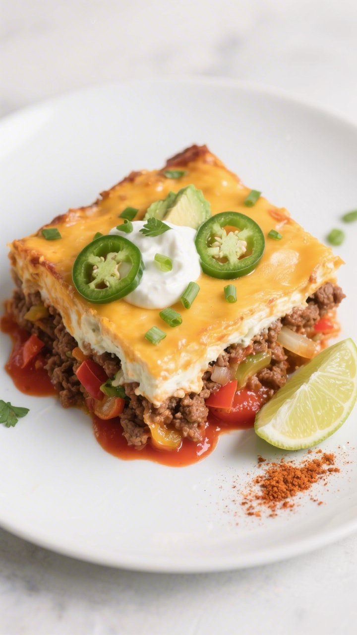 Tasty top view: Overhead shot of a neatly sliced square of Keto Enchilada Casserole plated on a matt